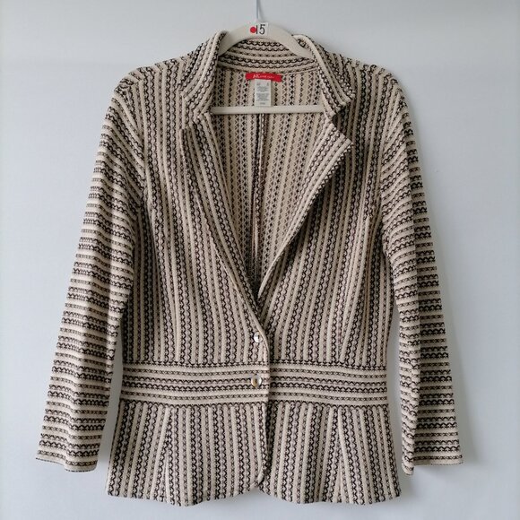 Vintage AK Anne Klein Women's Brown-Cream Striped Two-Button Blazer Knit S - Picture 1 of 7